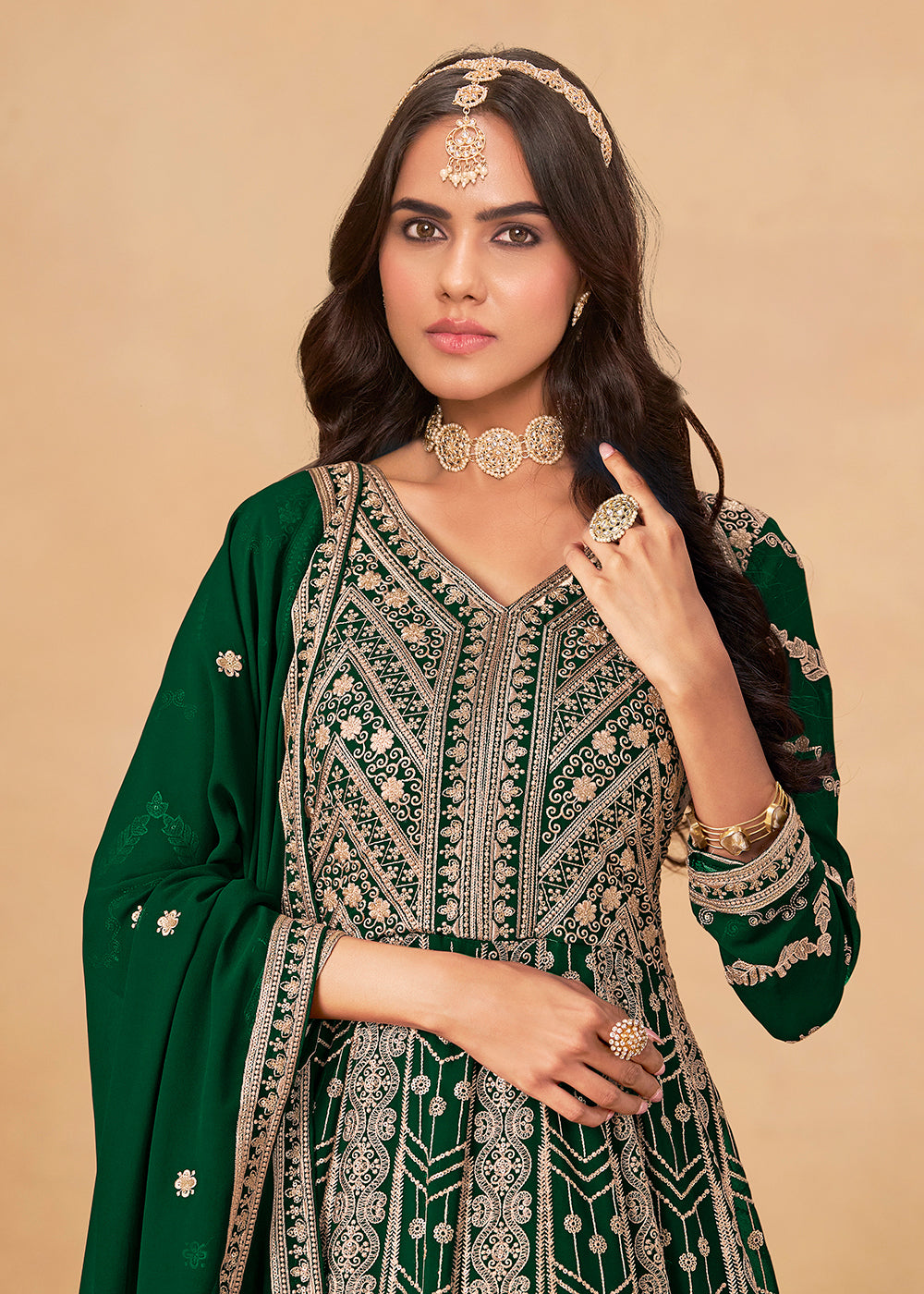 Buy Now Georgette Bottle Green Embroidered Wedding Wear Anarkali Suit Online in USA, UK, Sweden, Denmark, Greece, Germany, Canada, UAE & Worldwide at Empress.