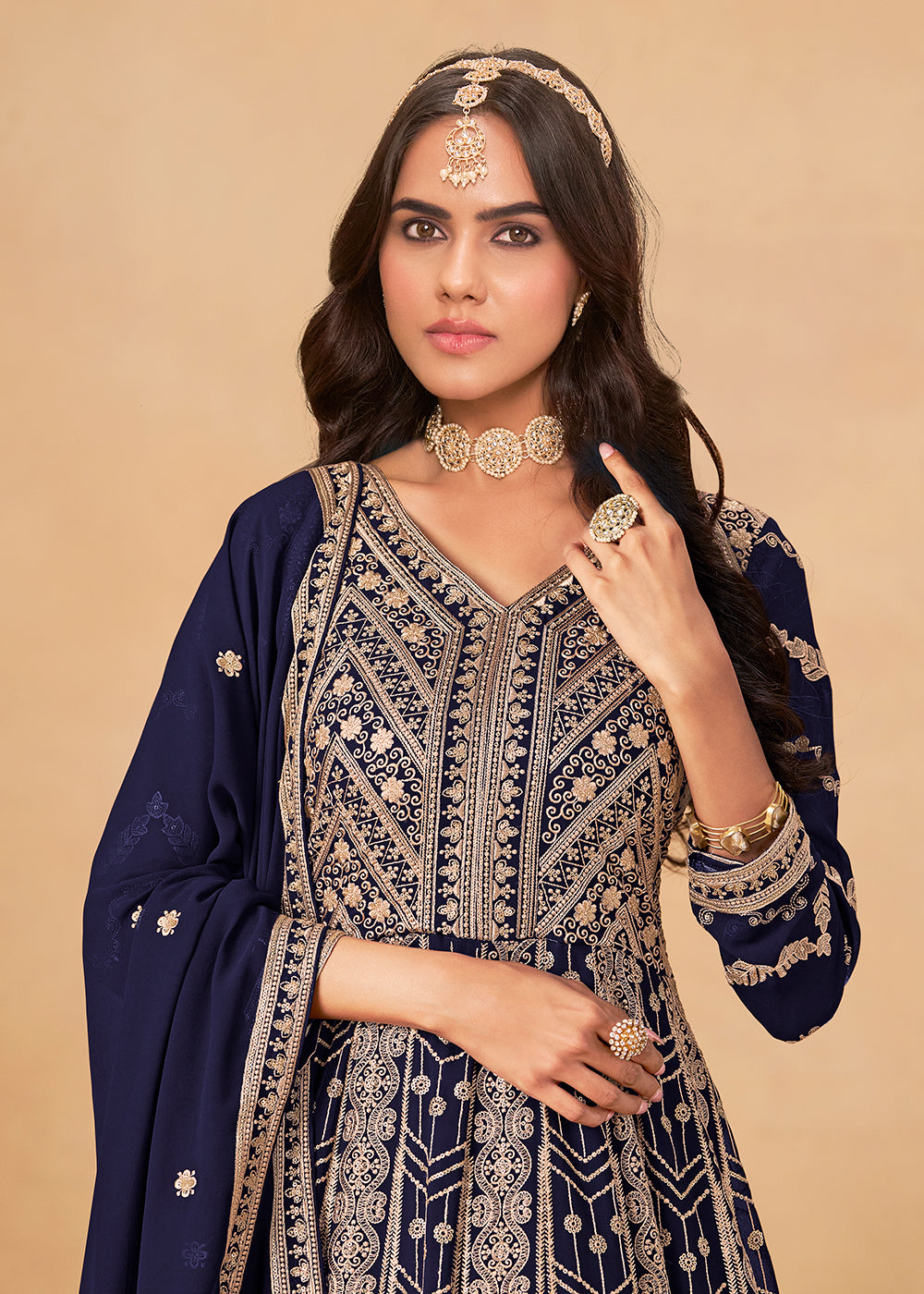 Buy Now Georgette Navy Blue Embroidered Wedding Wear Anarkali Suit Online in USA, UK, Sweden, Denmark, Greece, Germany, Canada, UAE & Worldwide at Empress.