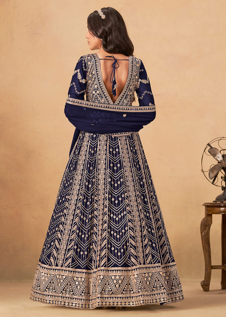 Buy Now Georgette Navy Blue Embroidered Wedding Wear Anarkali Suit Online in USA, UK, Sweden, Denmark, Greece, Germany, Canada, UAE & Worldwide at Empress.