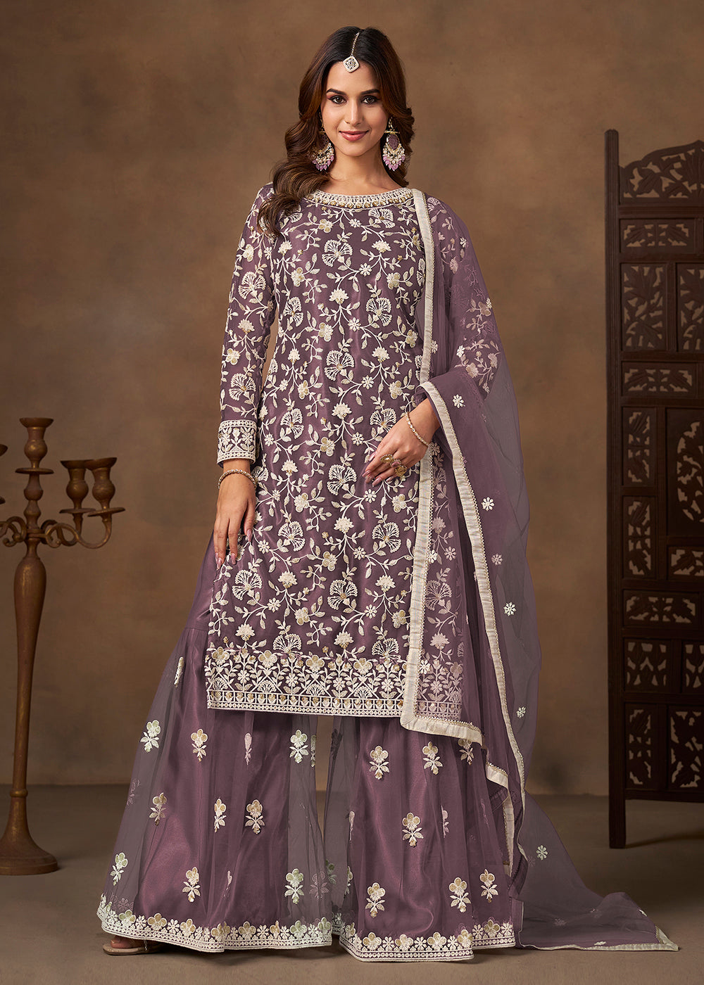 Shop Now Net Purple Wedding Embroidered Gharara Style Suit Online at Empress in USA, UK, Canada, Germany, Australia, Sweden, Denmark, UAE, Qatar & Worldwide.