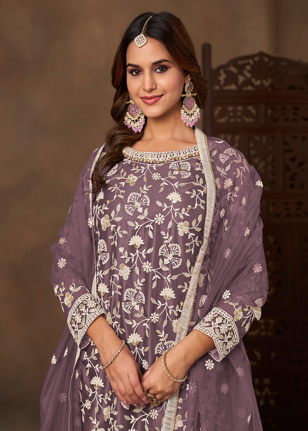 Shop Now Net Purple Wedding Embroidered Gharara Style Suit Online at Empress in USA, UK, Canada, Germany, Australia, Sweden, Denmark, UAE, Qatar & Worldwide.