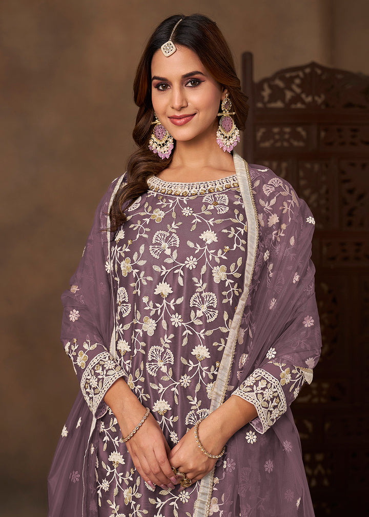 Shop Now Net Purple Wedding Embroidered Gharara Style Suit Online at Empress in USA, UK, Canada, Germany, Australia, Sweden, Denmark, UAE, Qatar & Worldwide.