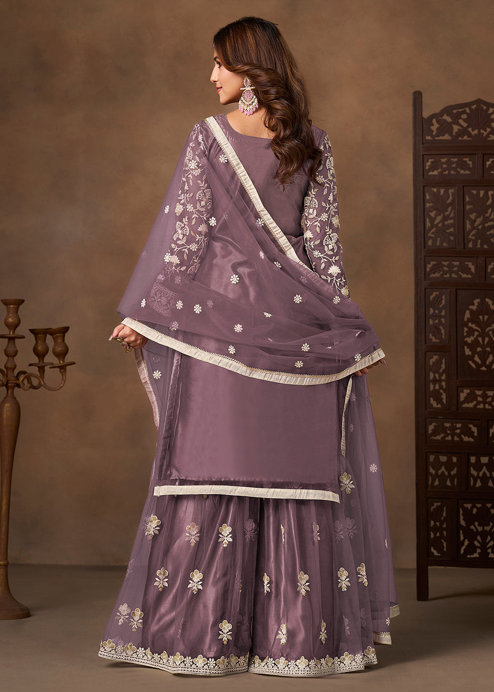 Shop Now Net Purple Wedding Embroidered Gharara Style Suit Online at Empress in USA, UK, Canada, Germany, Australia, Sweden, Denmark, UAE, Qatar & Worldwide.