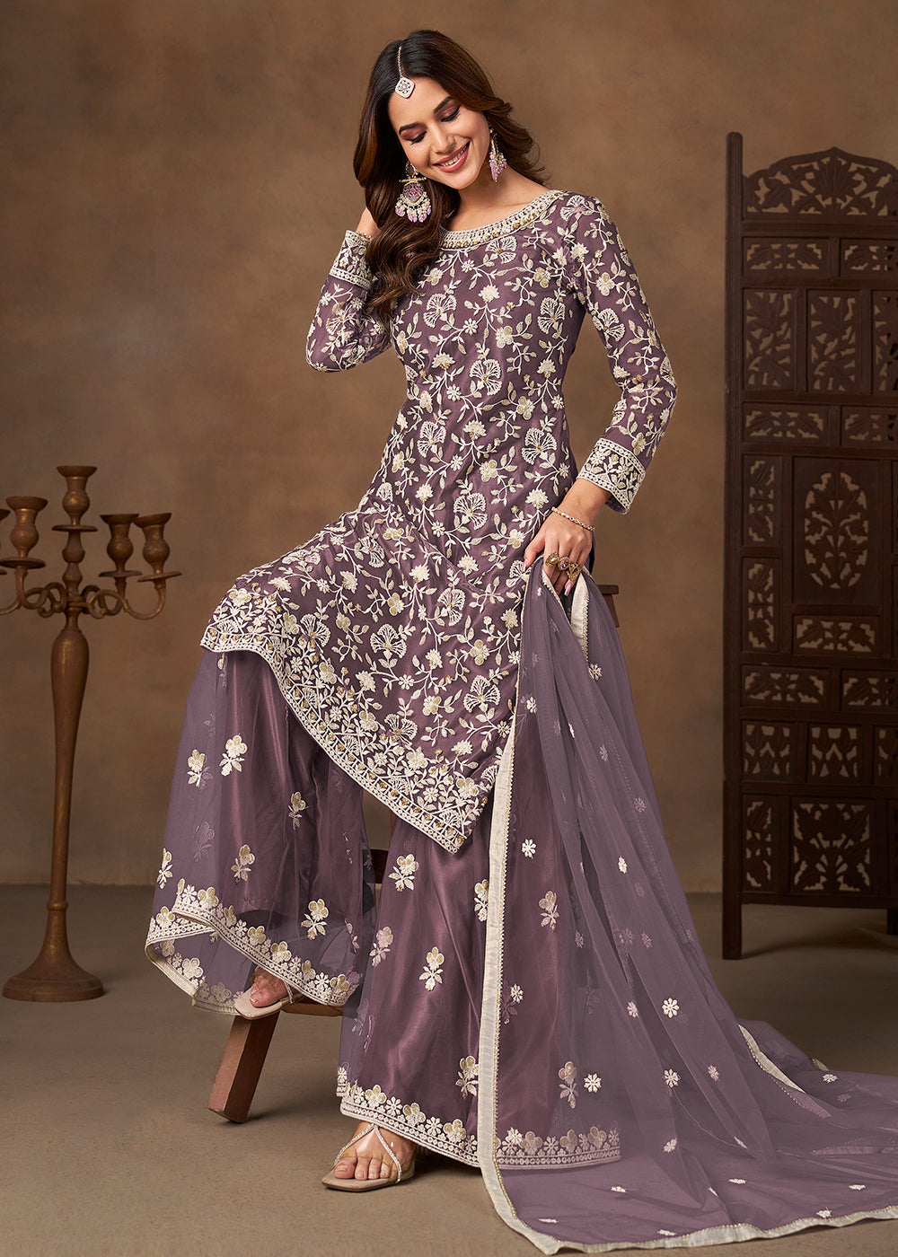 Shop Now Net Purple Wedding Embroidered Gharara Style Suit Online at Empress in USA, UK, Canada, Germany, Australia, Sweden, Denmark, UAE, Qatar & Worldwide.