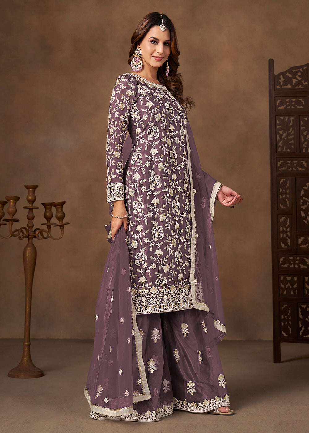 Shop Now Net Purple Wedding Embroidered Gharara Style Suit Online at Empress in USA, UK, Canada, Germany, Australia, Sweden, Denmark, UAE, Qatar & Worldwide.
