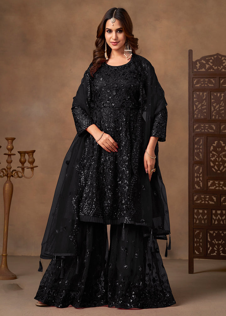 Shop Now Party Style Black Sequins Work Sharara Style Suit Online at Empress in US, UK, Canada, Germany, Australia, Sweden, Denmark, Qatar, Africa & Worldwide.