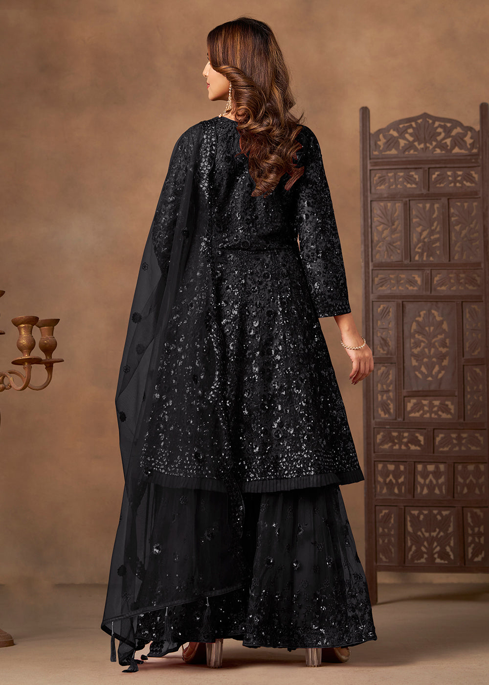 Shop Now Party Style Black Sequins Work Sharara Style Suit Online at Empress in US, UK, Canada, Germany, Australia, Sweden, Denmark, Qatar, Africa & Worldwide.