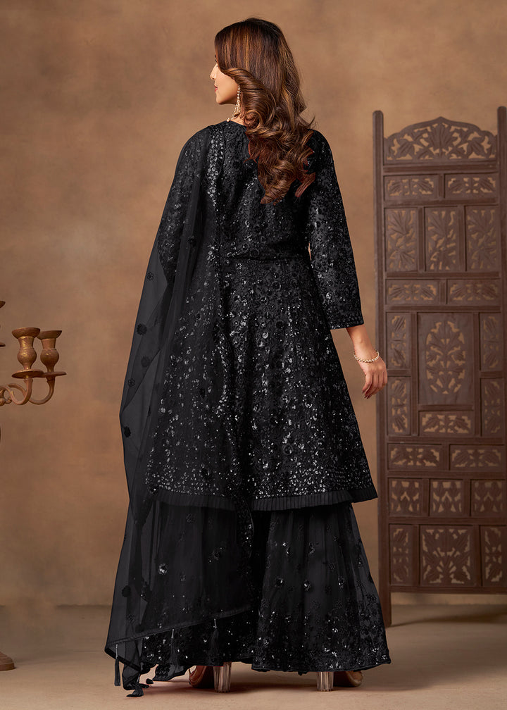 Shop Now Party Style Black Sequins Work Sharara Style Suit Online at Empress in US, UK, Canada, Germany, Australia, Sweden, Denmark, Qatar, Africa & Worldwide.