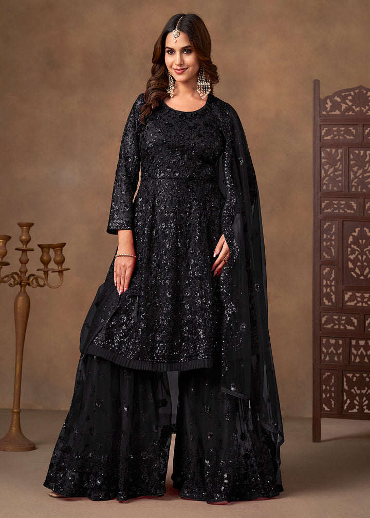 Shop Now Party Style Black Sequins Work Sharara Style Suit Online at Empress in US, UK, Canada, Germany, Australia, Sweden, Denmark, Qatar, Africa & Worldwide.