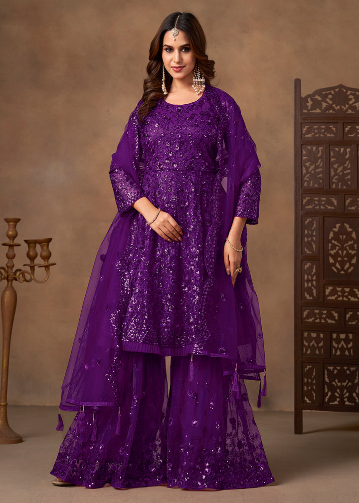 Shop Now Party Style Purple Sequins Work Sharara Style Suit Online at Empress in US, UK, Canada, Germany, Australia, Sweden, Denmark, Qatar, Africa & Worldwide.