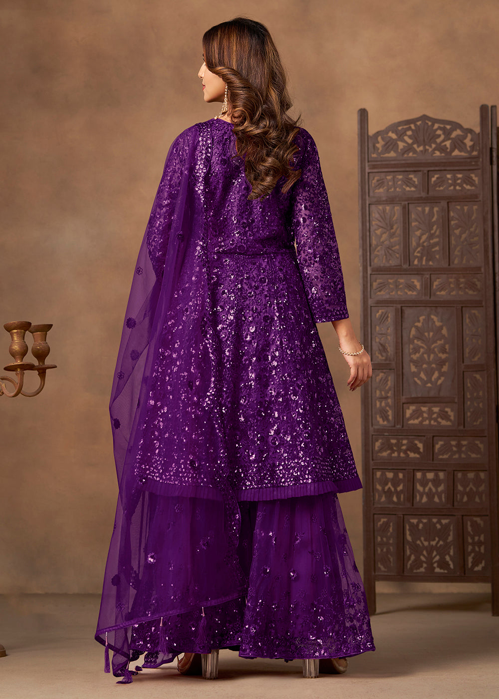Shop Now Party Style Purple Sequins Work Sharara Style Suit Online at Empress in US, UK, Canada, Germany, Australia, Sweden, Denmark, Qatar, Africa & Worldwide.
