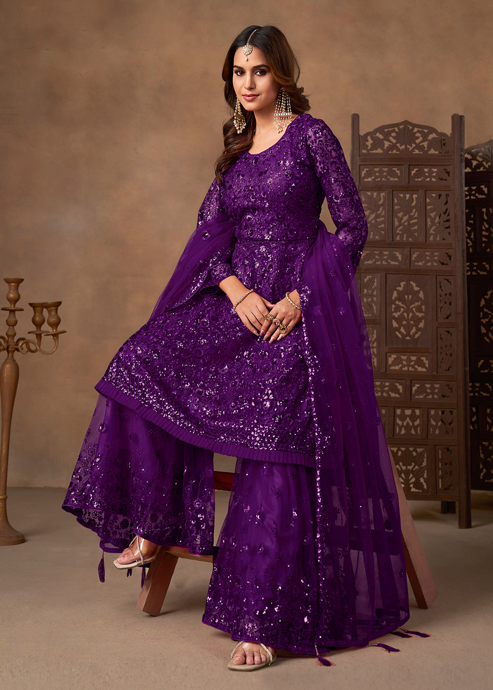 Shop Now Party Style Purple Sequins Work Sharara Style Suit Online at Empress in US, UK, Canada, Germany, Australia, Sweden, Denmark, Qatar, Africa & Worldwide.