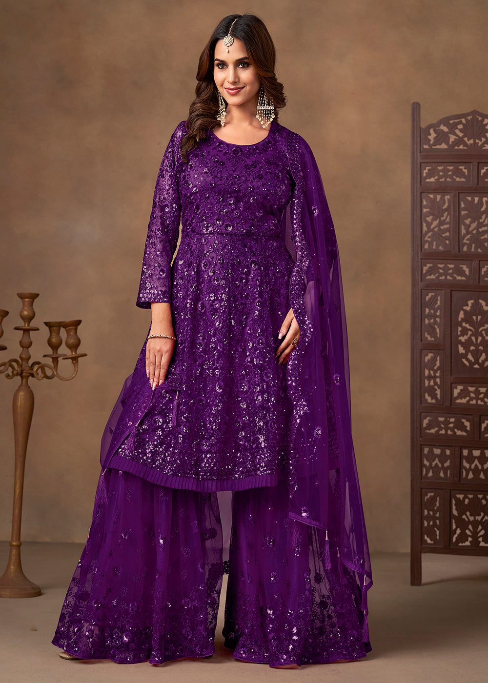 Shop Now Party Style Purple Sequins Work Sharara Style Suit Online at Empress in US, UK, Canada, Germany, Australia, Sweden, Denmark, Qatar, Africa & Worldwide.