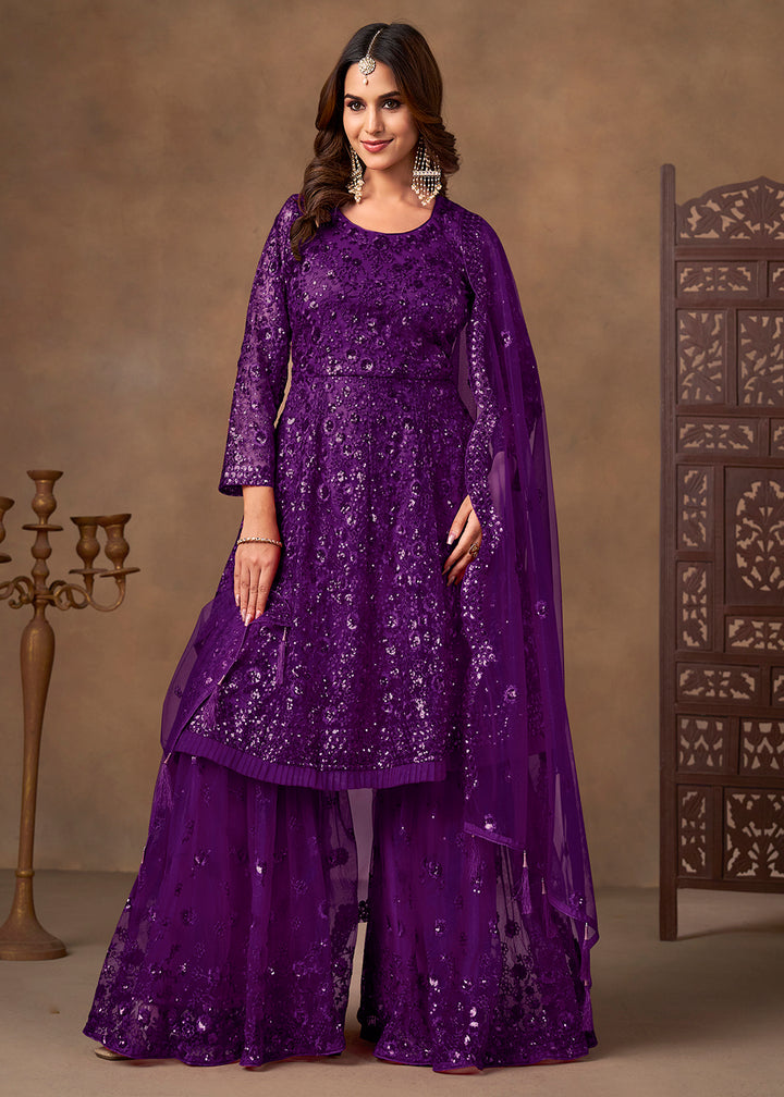Shop Now Party Style Purple Sequins Work Sharara Style Suit Online at Empress in US, UK, Canada, Germany, Australia, Sweden, Denmark, Qatar, Africa & Worldwide.