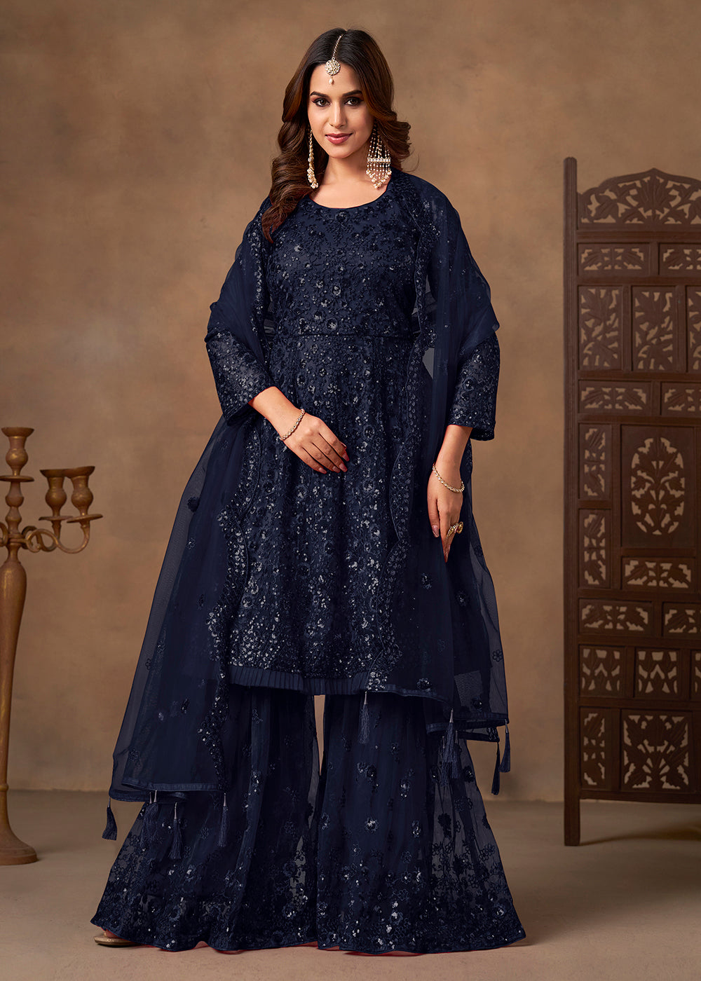 Shop Now Party Style Blue Sequins Work Sharara Style Suit Online at Empress in US, UK, Canada, Germany, Australia, Sweden, Denmark, Qatar, Africa & Worldwide.