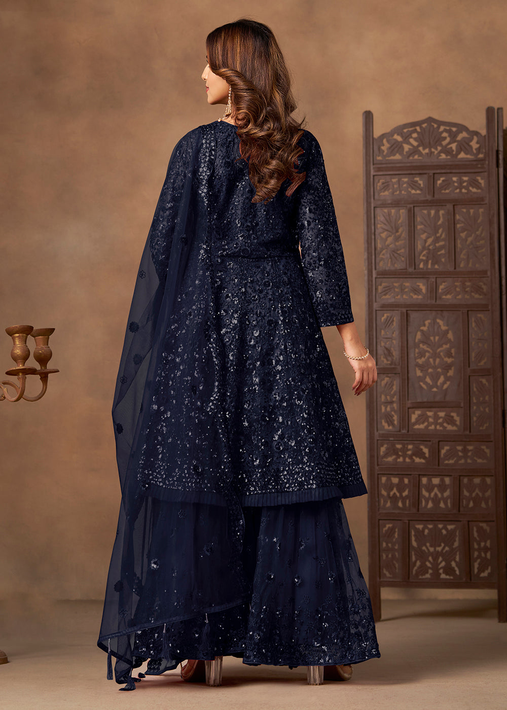 Shop Now Party Style Blue Sequins Work Sharara Style Suit Online at Empress in US, UK, Canada, Germany, Australia, Sweden, Denmark, Qatar, Africa & Worldwide.