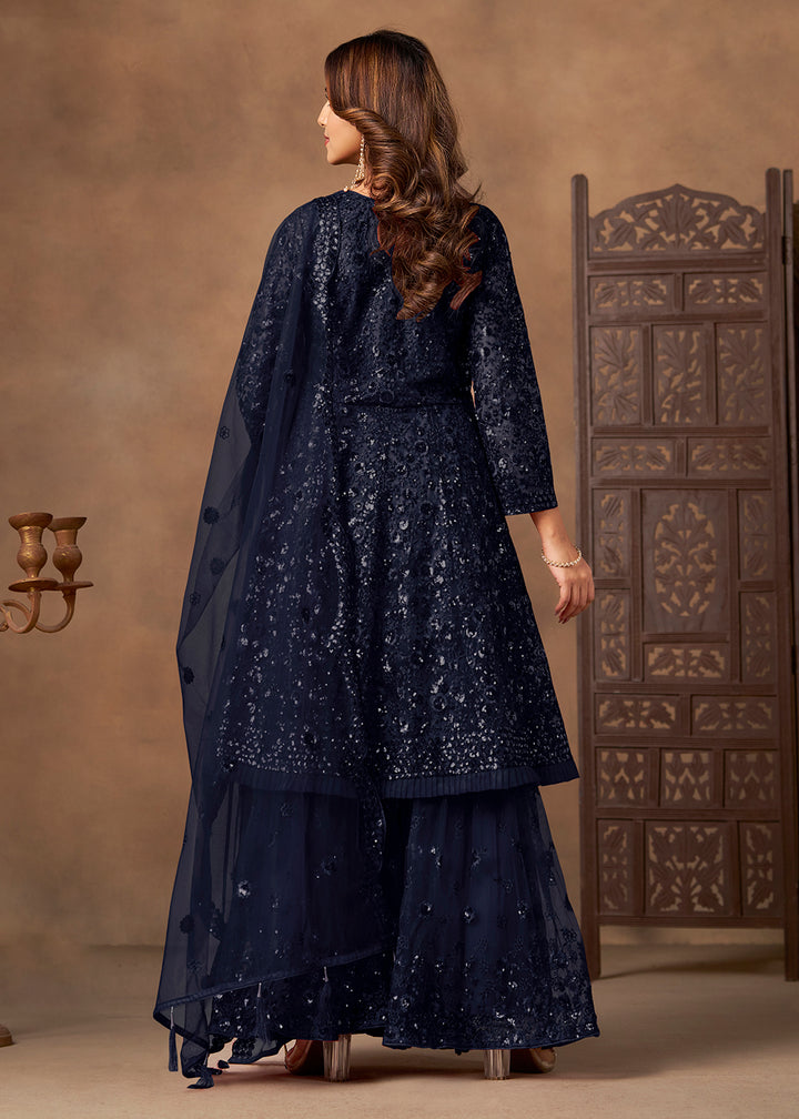 Shop Now Party Style Blue Sequins Work Sharara Style Suit Online at Empress in US, UK, Canada, Germany, Australia, Sweden, Denmark, Qatar, Africa & Worldwide.