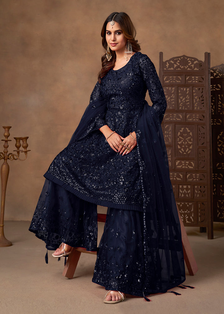 Shop Now Party Style Blue Sequins Work Sharara Style Suit Online at Empress in US, UK, Canada, Germany, Australia, Sweden, Denmark, Qatar, Africa & Worldwide.