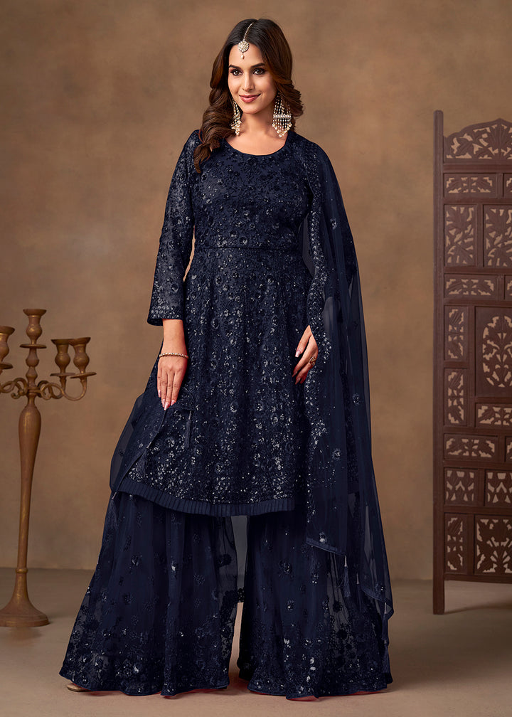 Shop Now Party Style Blue Sequins Work Sharara Style Suit Online at Empress in US, UK, Canada, Germany, Australia, Sweden, Denmark, Qatar, Africa & Worldwide.