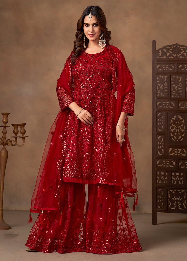 Shop Now Party Style Red Sequins Work Sharara Style Suit Online at Empress in US, UK, Canada, Germany, Australia, Sweden, Denmark, Qatar, Africa & Worldwide.