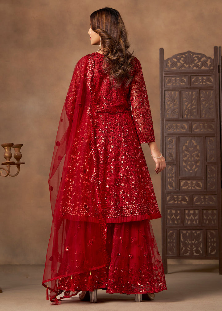 Shop Now Party Style Red Sequins Work Sharara Style Suit Online at Empress in US, UK, Canada, Germany, Australia, Sweden, Denmark, Qatar, Africa & Worldwide.