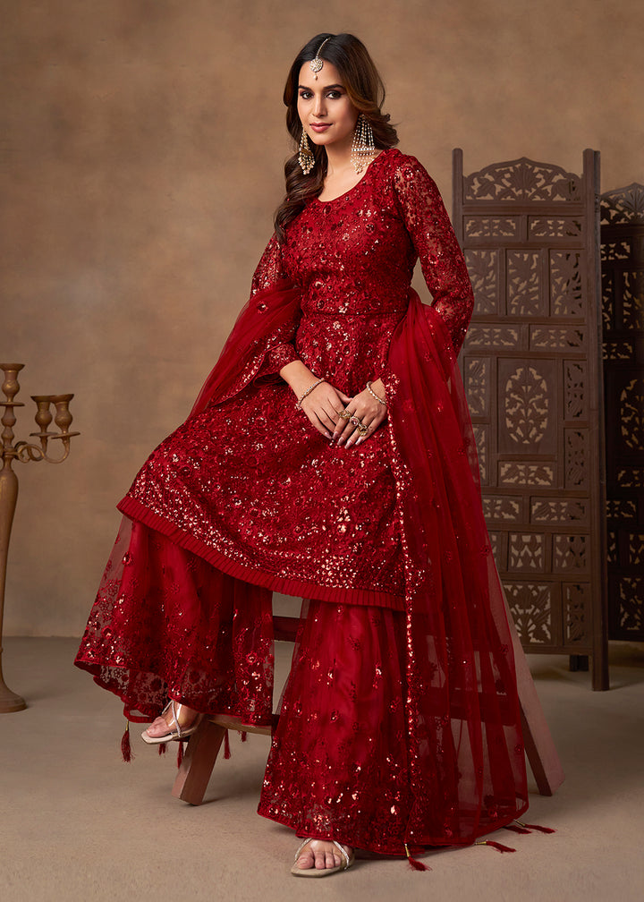 Shop Now Party Style Red Sequins Work Sharara Style Suit Online at Empress in US, UK, Canada, Germany, Australia, Sweden, Denmark, Qatar, Africa & Worldwide.