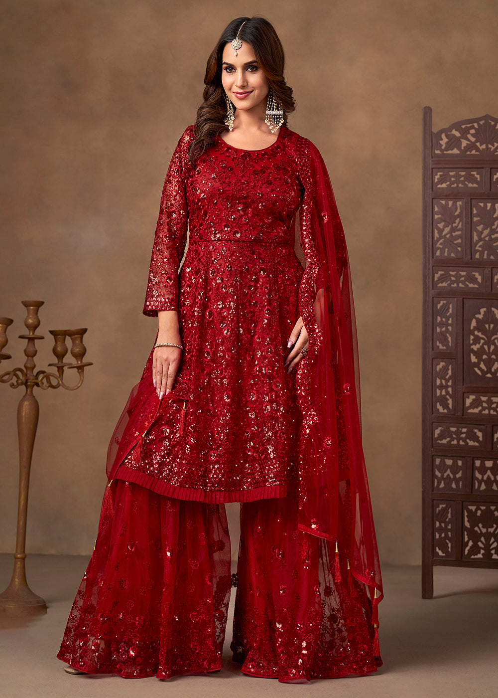 Shop Now Party Style Red Sequins Work Sharara Style Suit Online at Empress in US, UK, Canada, Germany, Australia, Sweden, Denmark, Qatar, Africa & Worldwide.