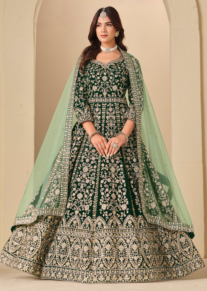 Buy Now Green Velvet Embroidered Wedding Party Wear Anarkali Gown Online in US, UK, Canada, France, Italy, Sweden, Ireland, Denmark, UAE & Worldwide at Empress.