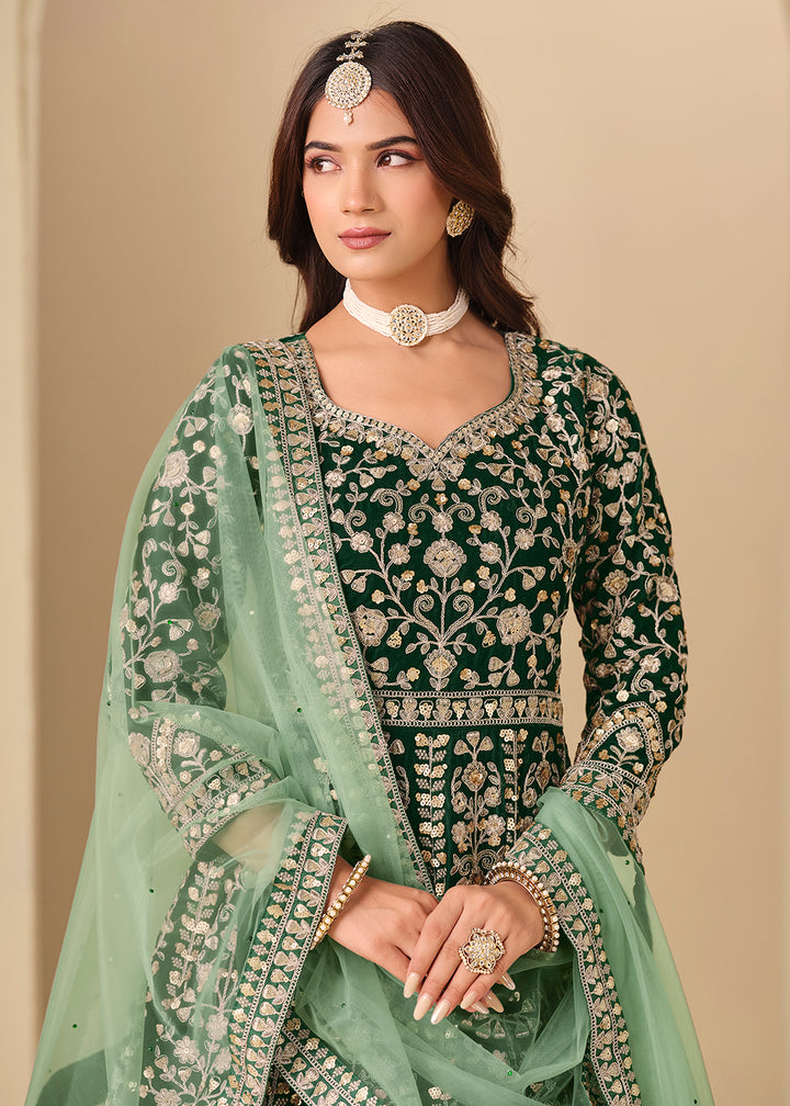 Buy Now Green Velvet Embroidered Wedding Party Wear Anarkali Gown Online in US, UK, Canada, France, Italy, Sweden, Ireland, Denmark, UAE & Worldwide at Empress.