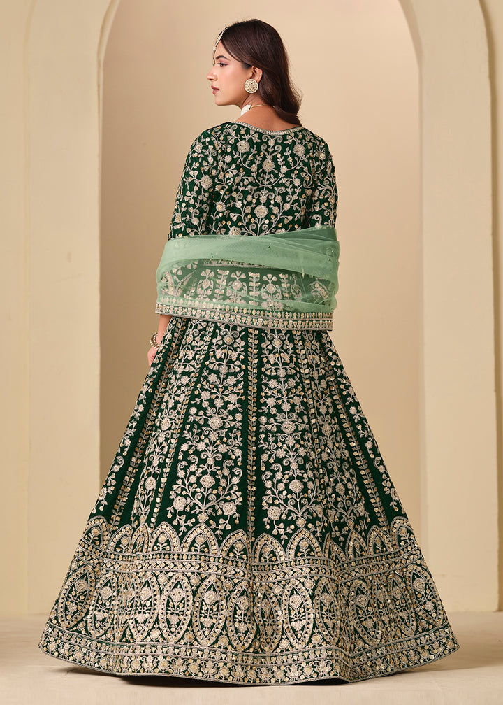 Buy Now Green Velvet Embroidered Wedding Party Wear Anarkali Gown Online in US, UK, Canada, France, Italy, Sweden, Ireland, Denmark, UAE & Worldwide at Empress.