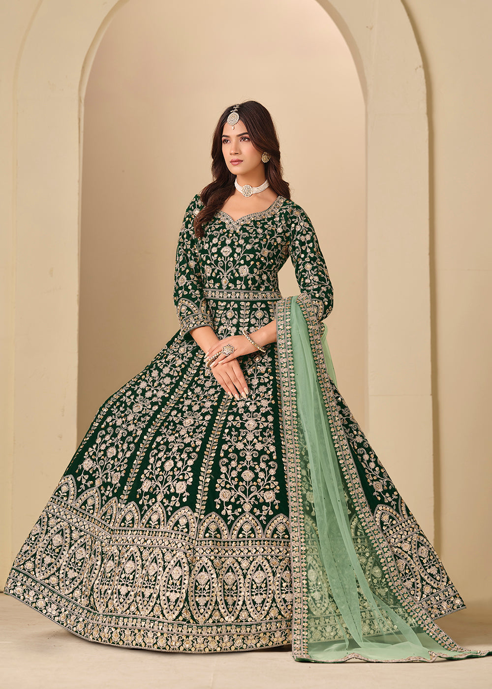 Buy Now Green Velvet Embroidered Wedding Party Wear Anarkali Gown Online in US, UK, Canada, France, Italy, Sweden, Ireland, Denmark, UAE & Worldwide at Empress.