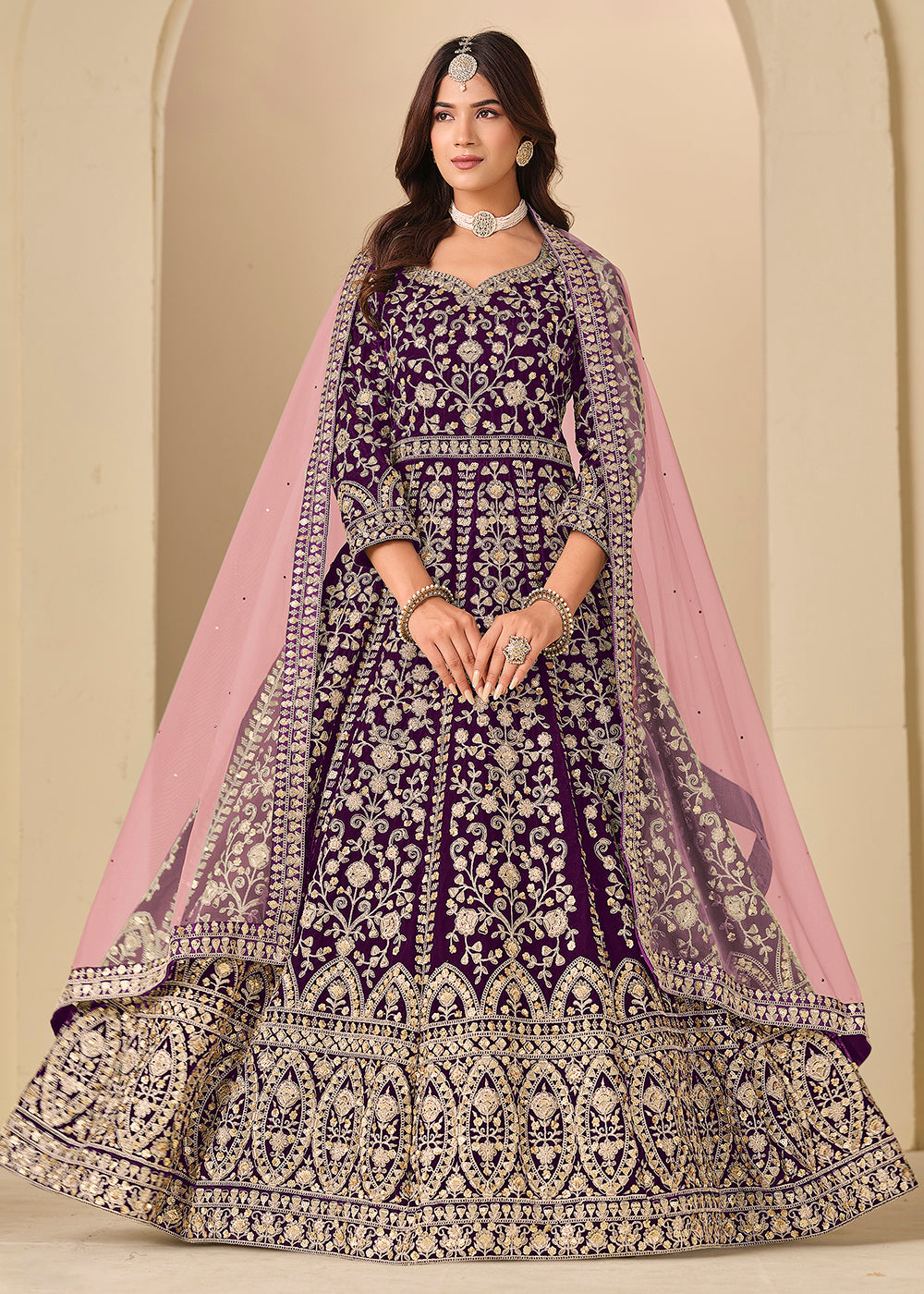 Buy Now Purple Velvet Embroidered Wedding Party Wear Anarkali Gown Online in US, UK, Canada, France, Italy, Sweden, Ireland, Denmark, UAE & Worldwide at Empress.