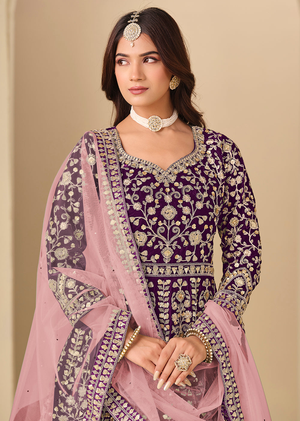 Buy Now Purple Velvet Embroidered Wedding Party Wear Anarkali Gown Online in US, UK, Canada, France, Italy, Sweden, Ireland, Denmark, UAE & Worldwide at Empress.