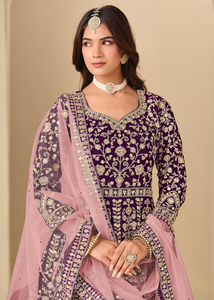 Buy Now Purple Velvet Embroidered Wedding Party Wear Anarkali Gown Online in US, UK, Canada, France, Italy, Sweden, Ireland, Denmark, UAE & Worldwide at Empress.
