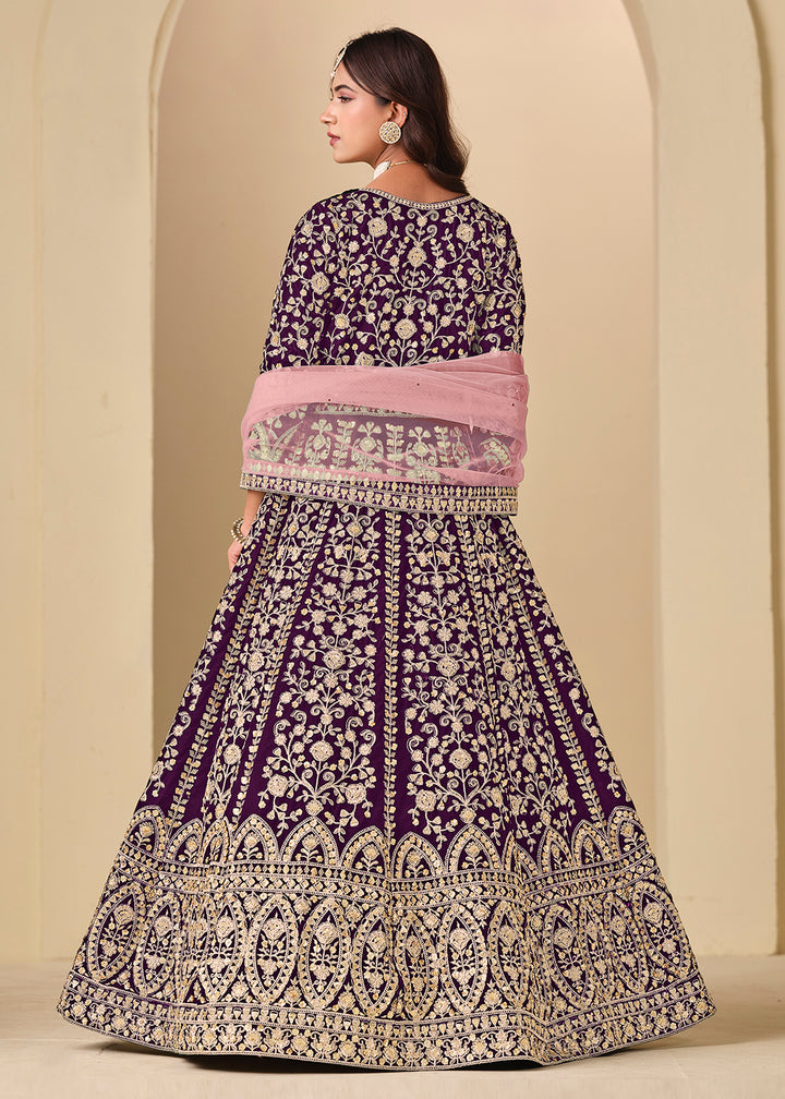 Buy Now Purple Velvet Embroidered Wedding Party Wear Anarkali Gown Online in US, UK, Canada, France, Italy, Sweden, Ireland, Denmark, UAE & Worldwide at Empress.