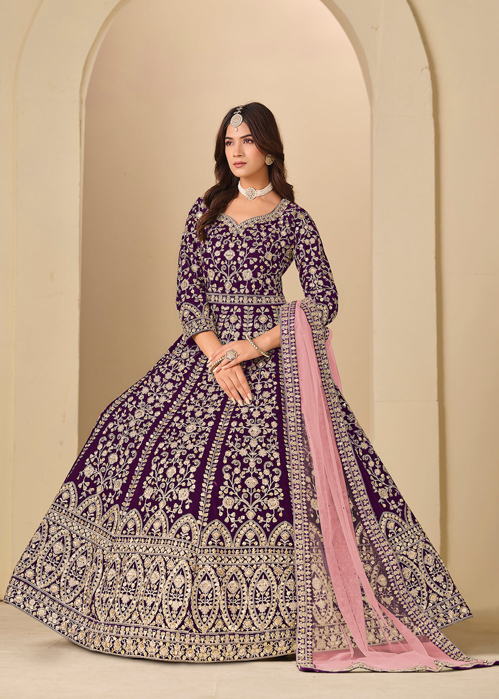 Buy Now Purple Velvet Embroidered Wedding Party Wear Anarkali Gown Online in US, UK, Canada, France, Italy, Sweden, Ireland, Denmark, UAE & Worldwide at Empress.