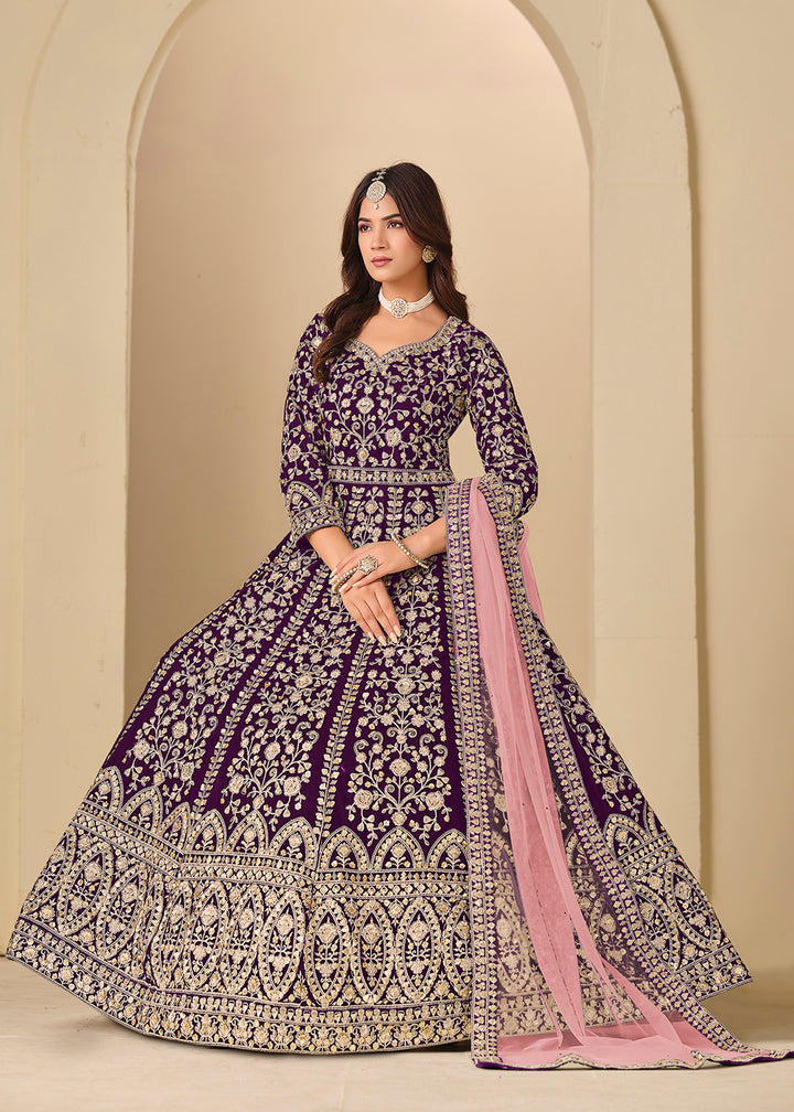Buy Now Purple Velvet Embroidered Wedding Party Wear Anarkali Gown Online in US, UK, Canada, France, Italy, Sweden, Ireland, Denmark, UAE & Worldwide at Empress.