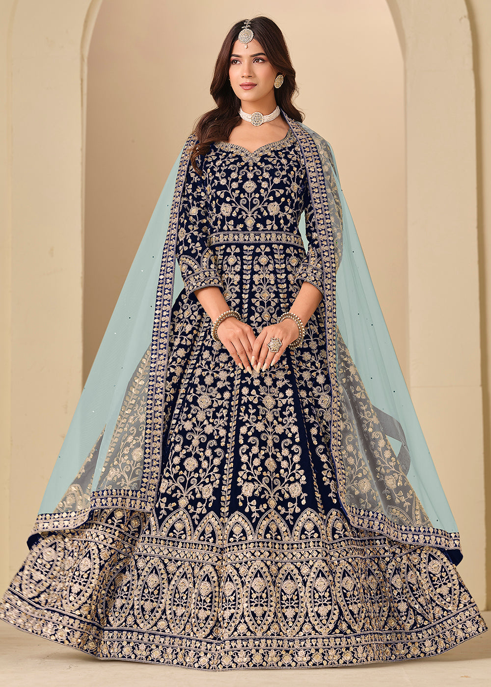 Buy Now Blue Velvet Embroidered Wedding Party Wear Anarkali Gown Online in US, UK, Canada, France, Italy, Sweden, Ireland, Denmark, UAE & Worldwide at Empress.