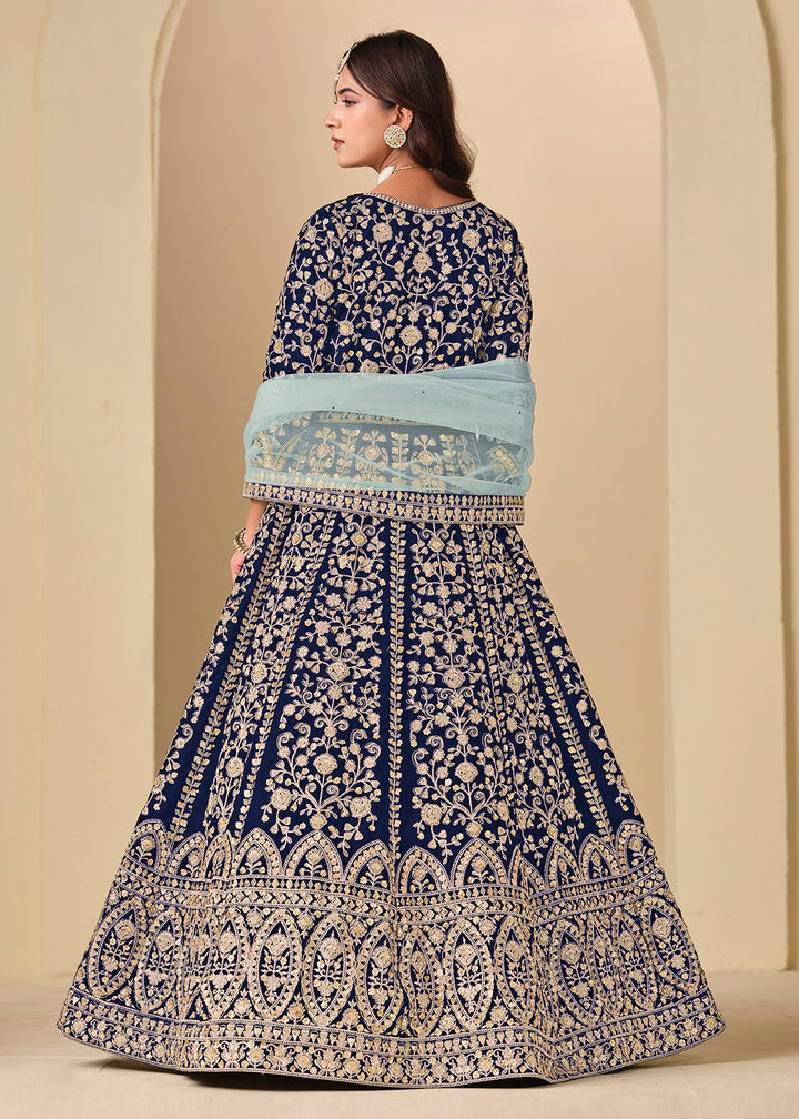 Buy Now Blue Velvet Embroidered Wedding Party Wear Anarkali Gown Online in US, UK, Canada, France, Italy, Sweden, Ireland, Denmark, UAE & Worldwide at Empress.