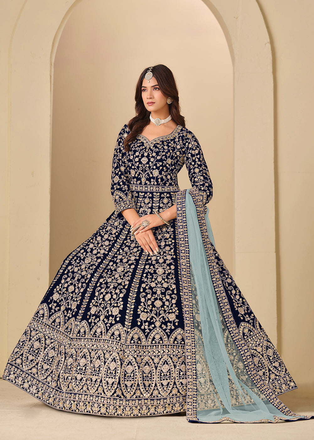 Buy Now Blue Velvet Embroidered Wedding Party Wear Anarkali Gown Online in US, UK, Canada, France, Italy, Sweden, Ireland, Denmark, UAE & Worldwide at Empress.