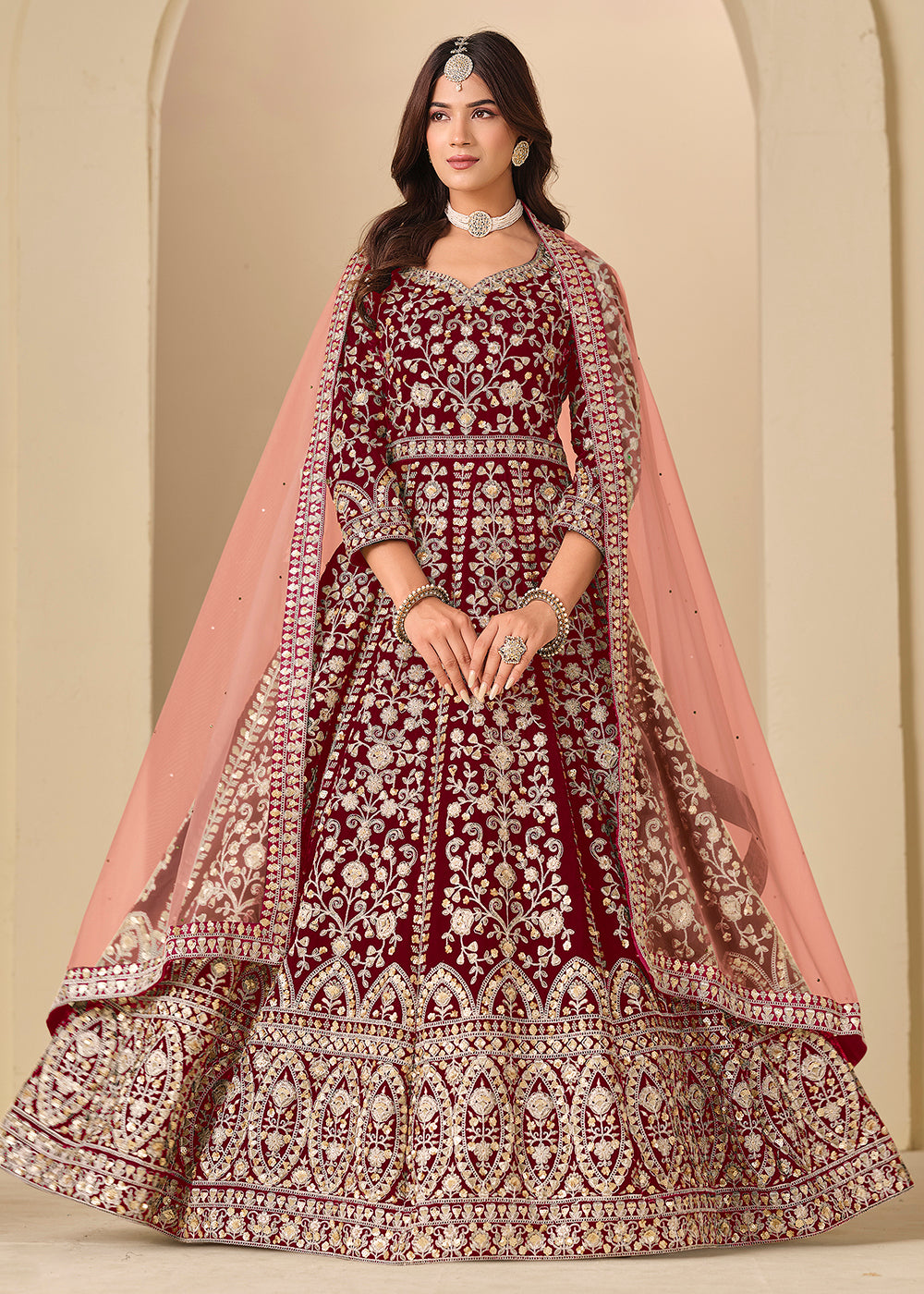 Buy Now Maroon Velvet Embroidered Wedding Party Wear Anarkali Gown Online in US, UK, Canada, France, Italy, Sweden, Ireland, Denmark, UAE & Worldwide at Empress