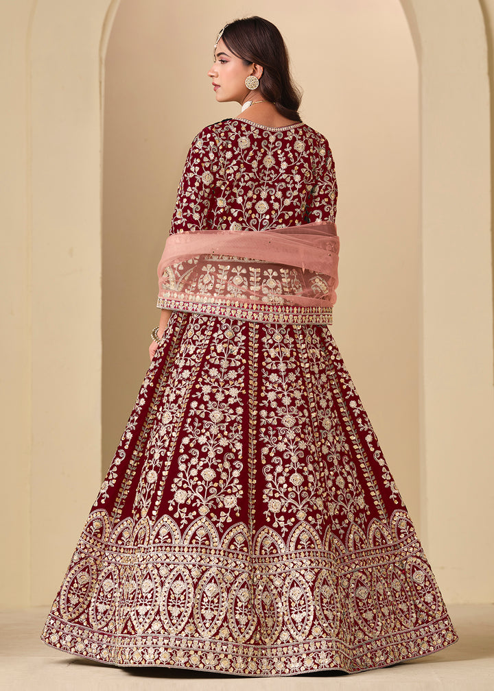 Buy Now Maroon Velvet Embroidered Wedding Party Wear Anarkali Gown Online in US, UK, Canada, France, Italy, Sweden, Ireland, Denmark, UAE & Worldwide at Empress