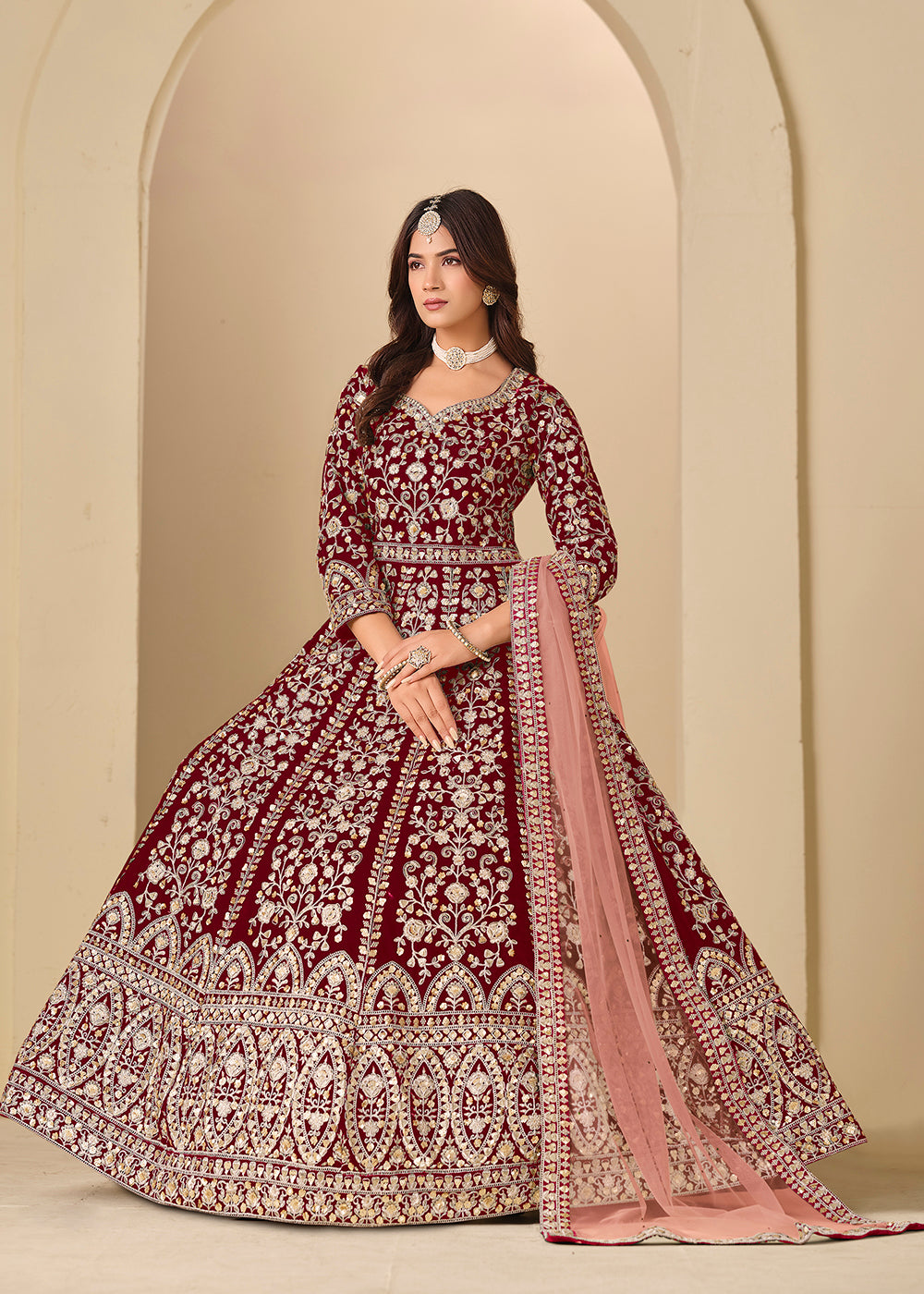 Buy Now Maroon Velvet Embroidered Wedding Party Wear Anarkali Gown Online in US, UK, Canada, France, Italy, Sweden, Ireland, Denmark, UAE & Worldwide at Empress