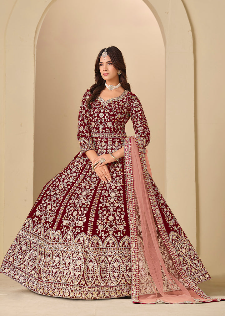Buy Now Maroon Velvet Embroidered Wedding Party Wear Anarkali Gown Online in US, UK, Canada, France, Italy, Sweden, Ireland, Denmark, UAE & Worldwide at Empress