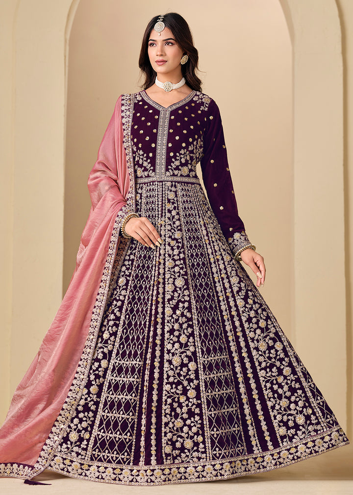 Buy Now Velvet Purple Embroidered Wedding Party Anarkali Gown Online in US, UK, Canada, France, Italy, Sweden, Ireland, Denmark, Qatar & Worldwide at Empress.