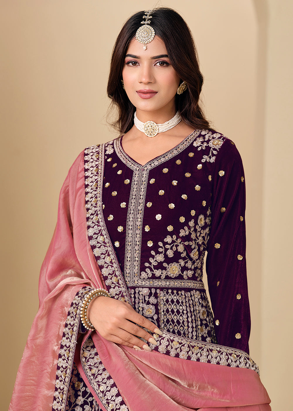 Buy Now Velvet Purple Embroidered Wedding Party Anarkali Gown Online in US, UK, Canada, France, Italy, Sweden, Ireland, Denmark, Qatar & Worldwide at Empress.