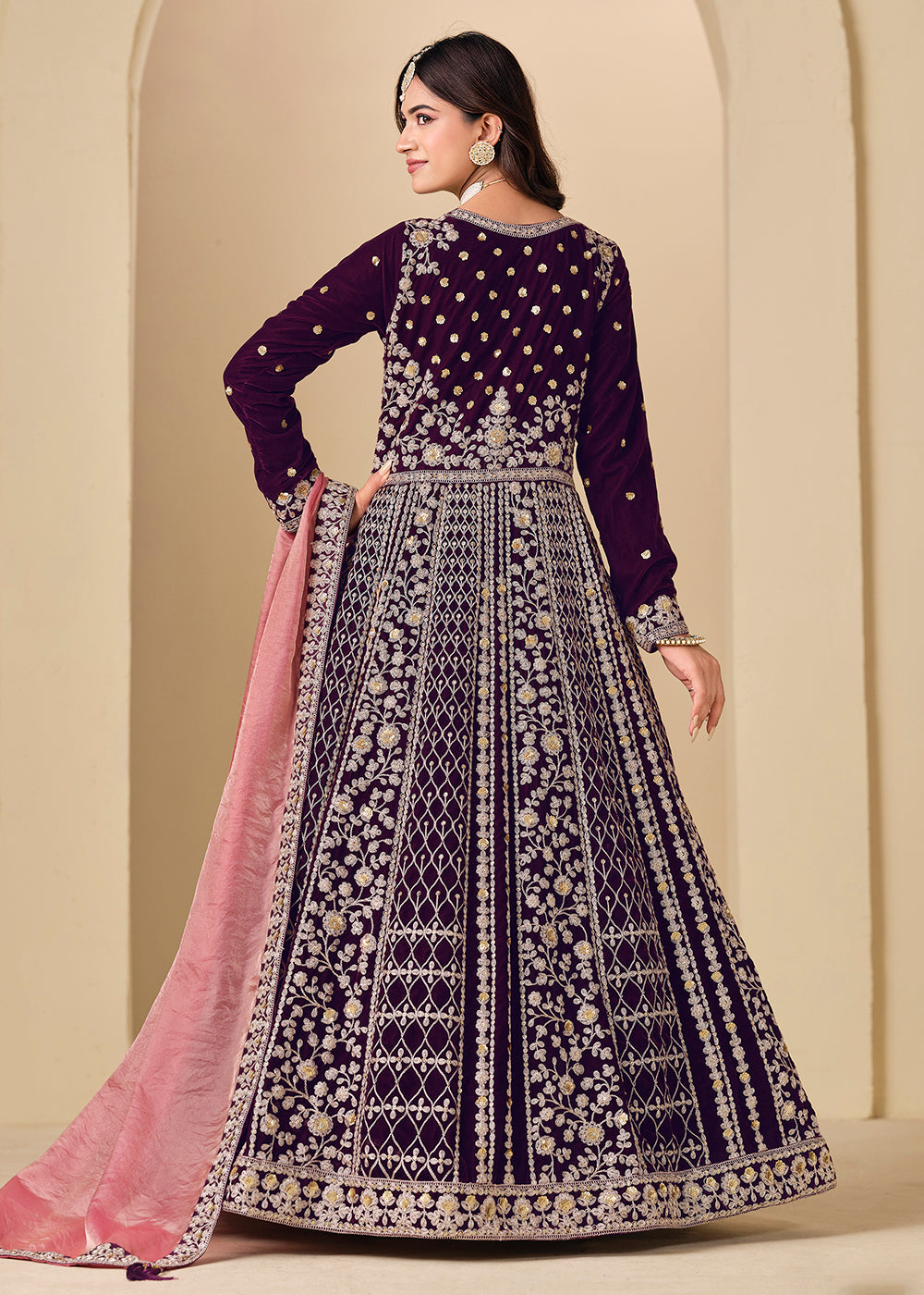 Buy Now Velvet Purple Embroidered Wedding Party Anarkali Gown Online in US, UK, Canada, France, Italy, Sweden, Ireland, Denmark, Qatar & Worldwide at Empress.