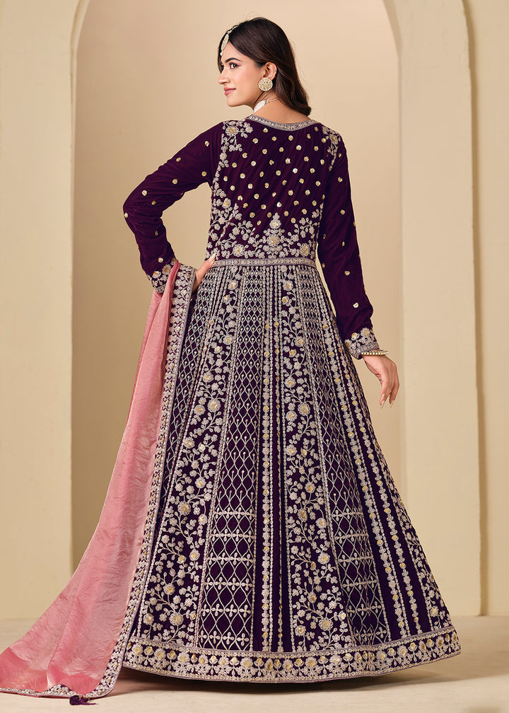 Buy Now Velvet Purple Embroidered Wedding Party Anarkali Gown Online in US, UK, Canada, France, Italy, Sweden, Ireland, Denmark, Qatar & Worldwide at Empress.