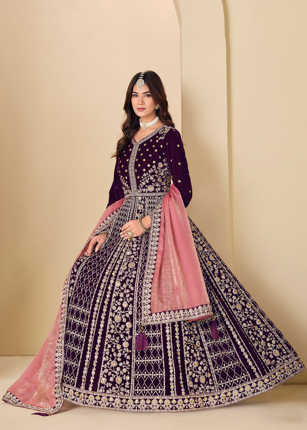Buy Now Velvet Purple Embroidered Wedding Party Anarkali Gown Online in US, UK, Canada, France, Italy, Sweden, Ireland, Denmark, Qatar & Worldwide at Empress.