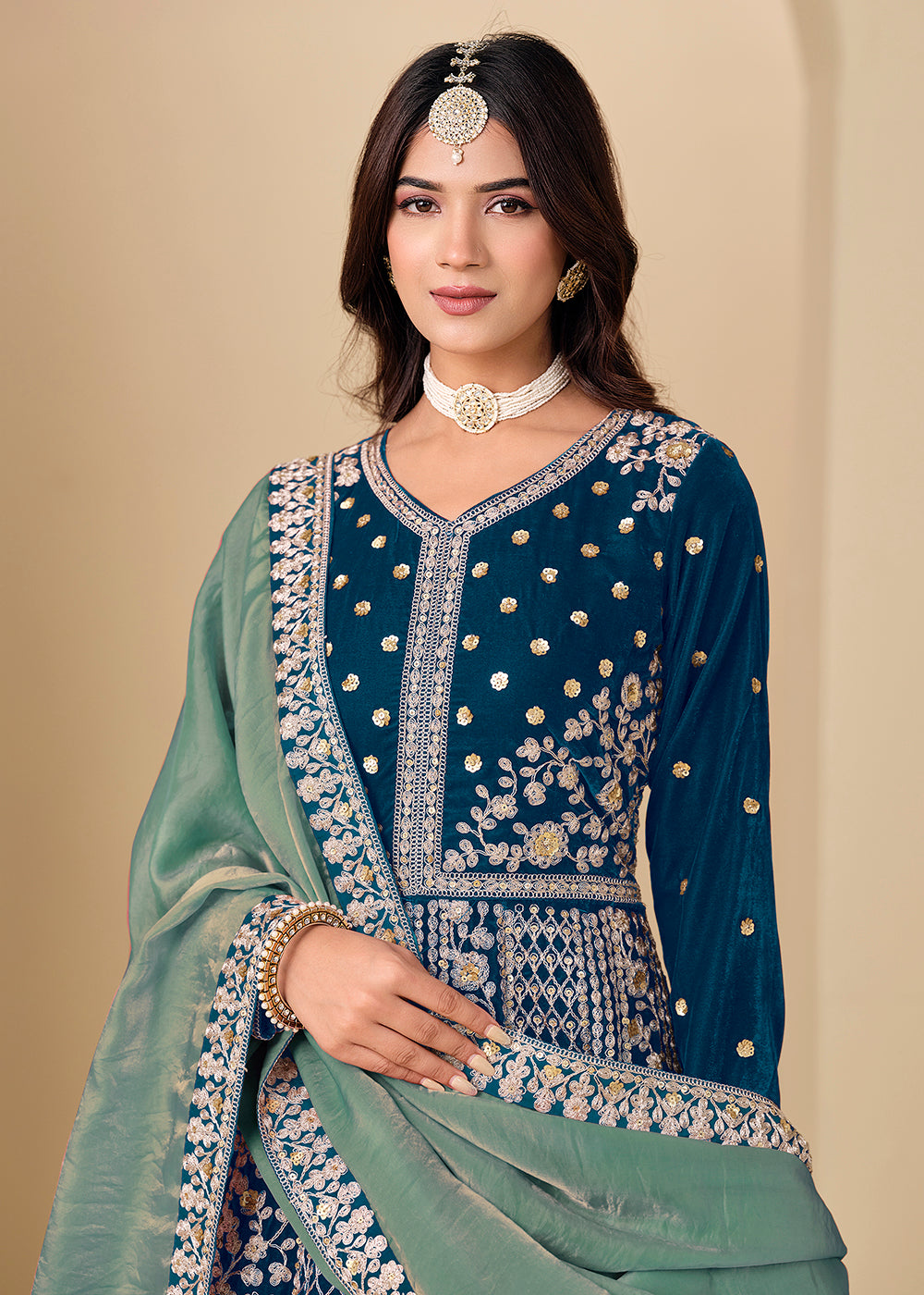 Buy Now Velvet Blue Embroidered Wedding Party Anarkali Gown Online in US, UK, Canada, France, Italy, Sweden, Ireland, Denmark, Qatar & Worldwide at Empress.